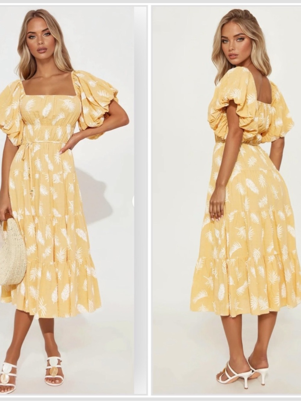 Sold Out Fashion Nova Yellow Puff-Sleeve Midi Dress with White Leaf Print